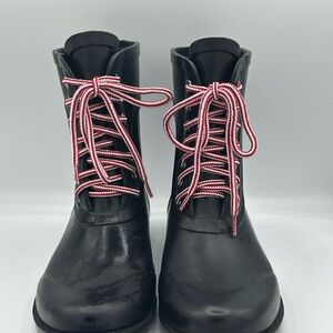 Black Women's J Crew Rain/Winter Boots with Red and White Laces.